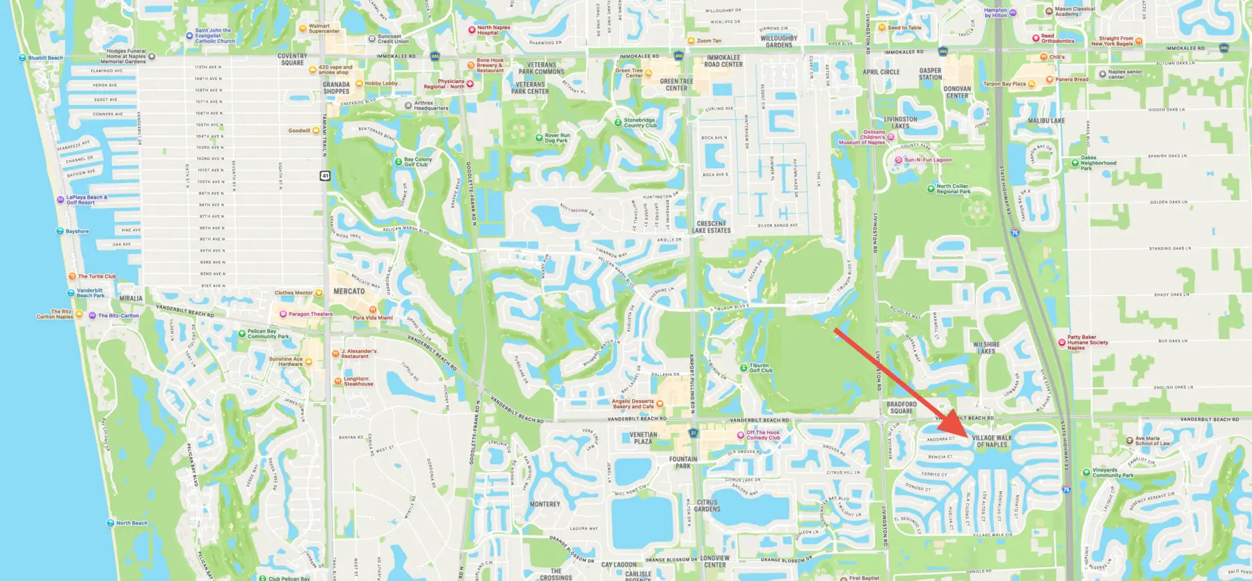 A map of Naples, FL showing Village Walk